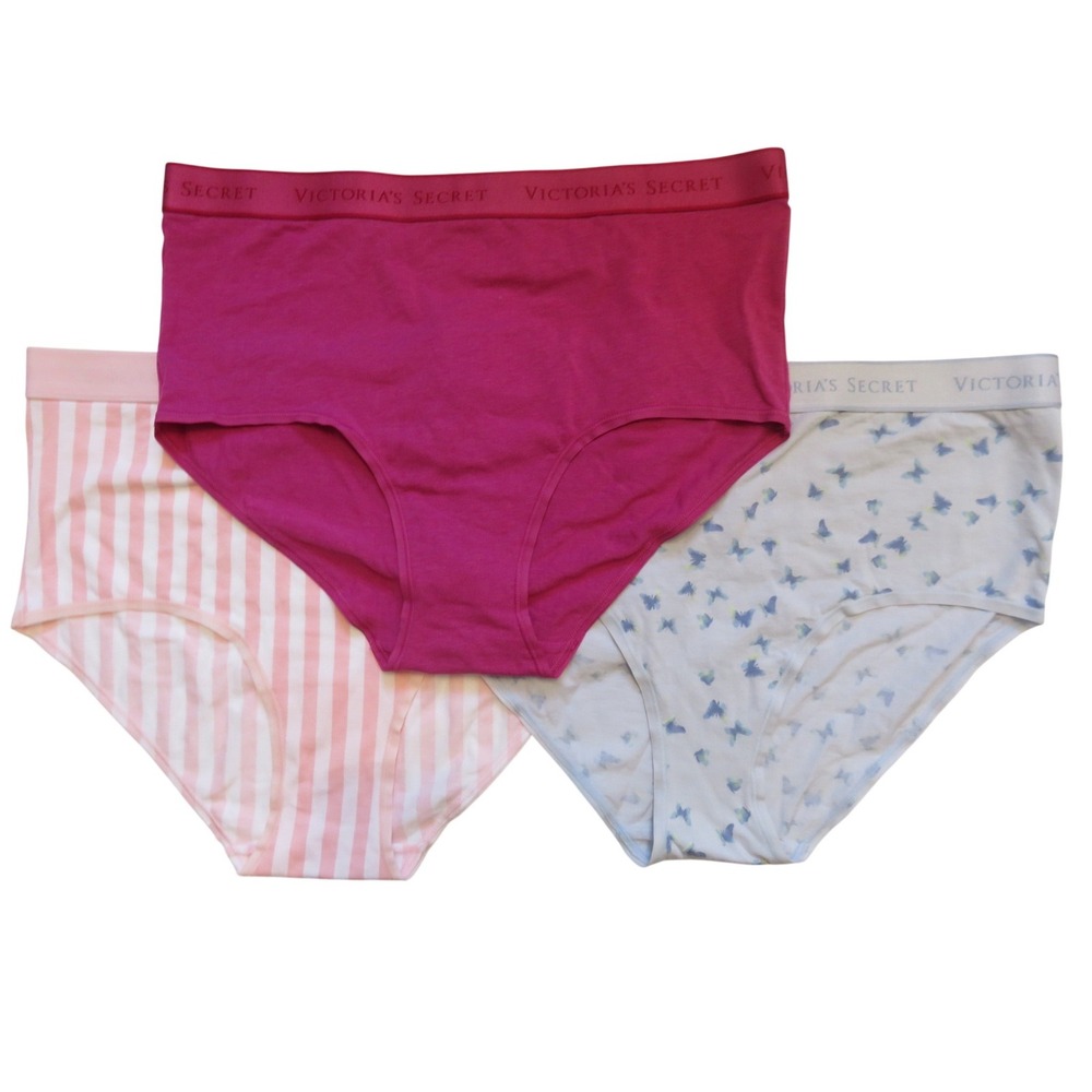 Victoria's Secret Brief Panties 3 Pack Magenta Pink Stripe Blue Butterfly L